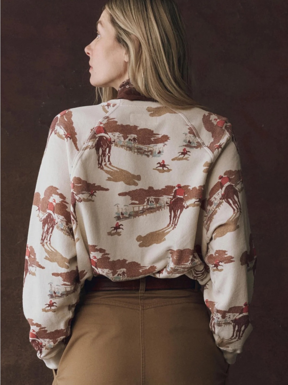 THE GREAT. Cream Western Print Sweatshirt in Brown & Tan - Picture 3 of 8